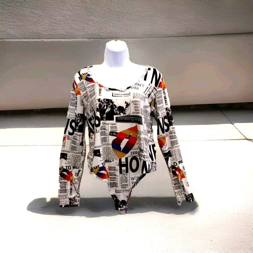 Newsprint Pop Art Thong Shirt Body Suit Snap Close Women's XL 90's Sexy Made USA